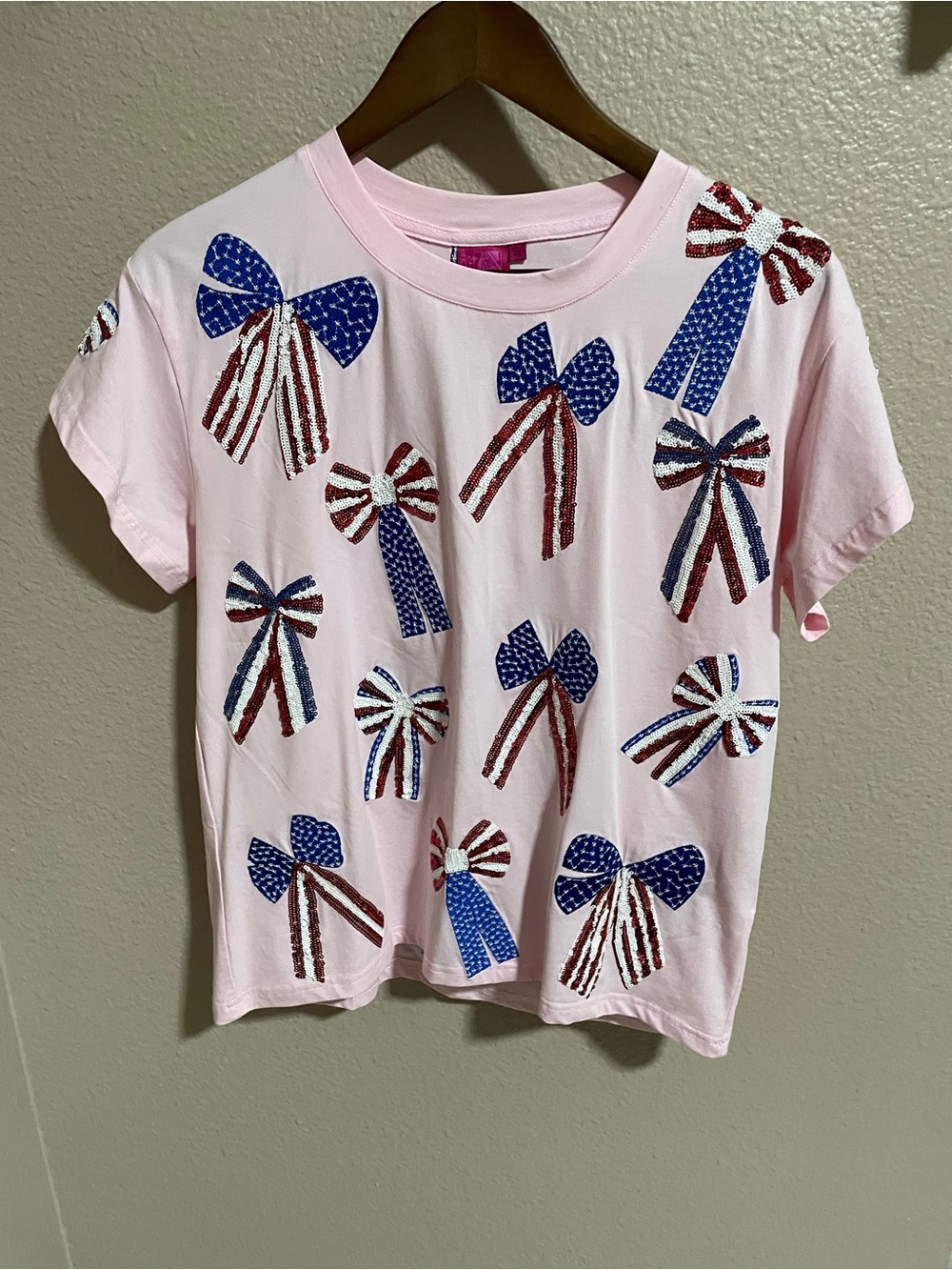 Queen of Sparkles Pink Tee with Red, White & Blue Sequin Bows